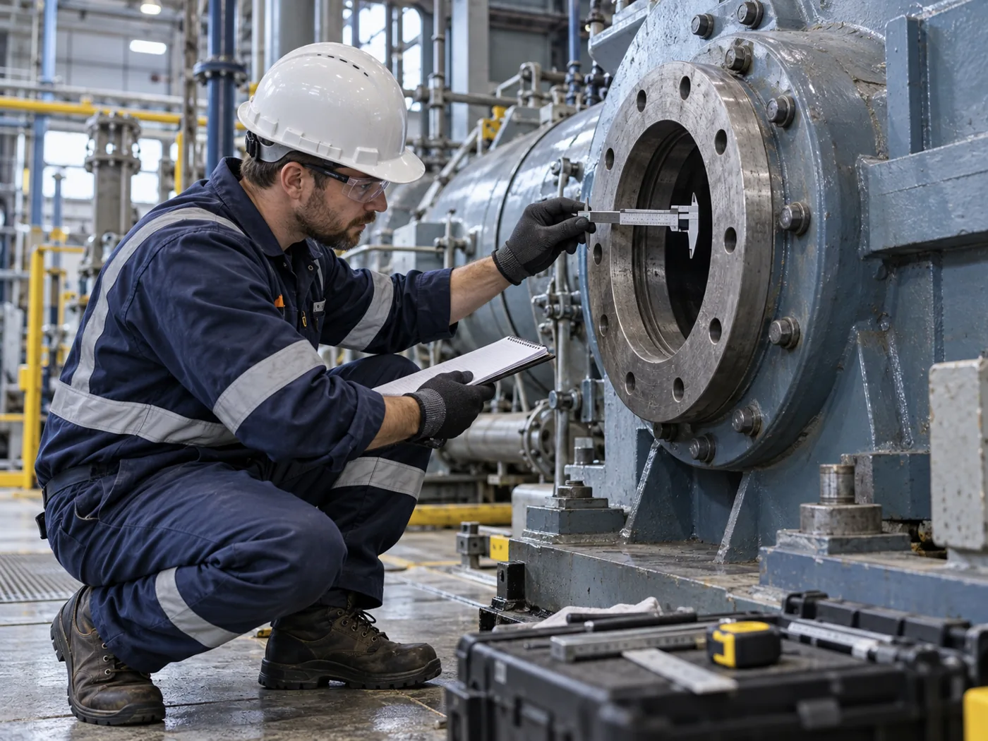 Técnico avaliando equipamento na planta