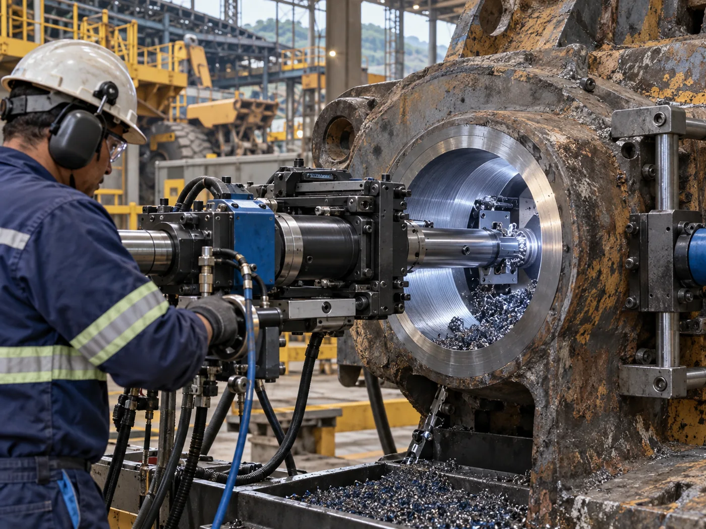Usinagem portátil instalada em equipamento industrial