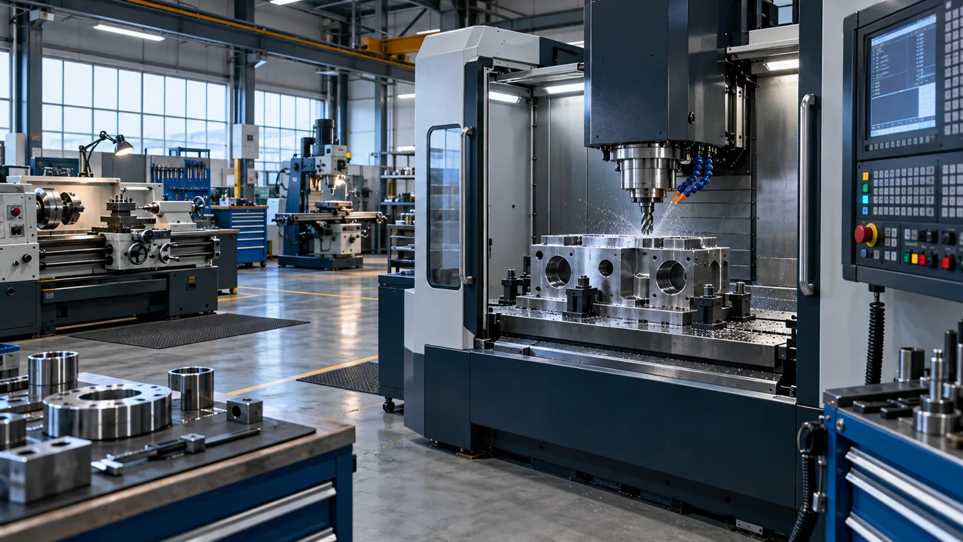 Oficina com centro de usinagem CNC, torno e fresa