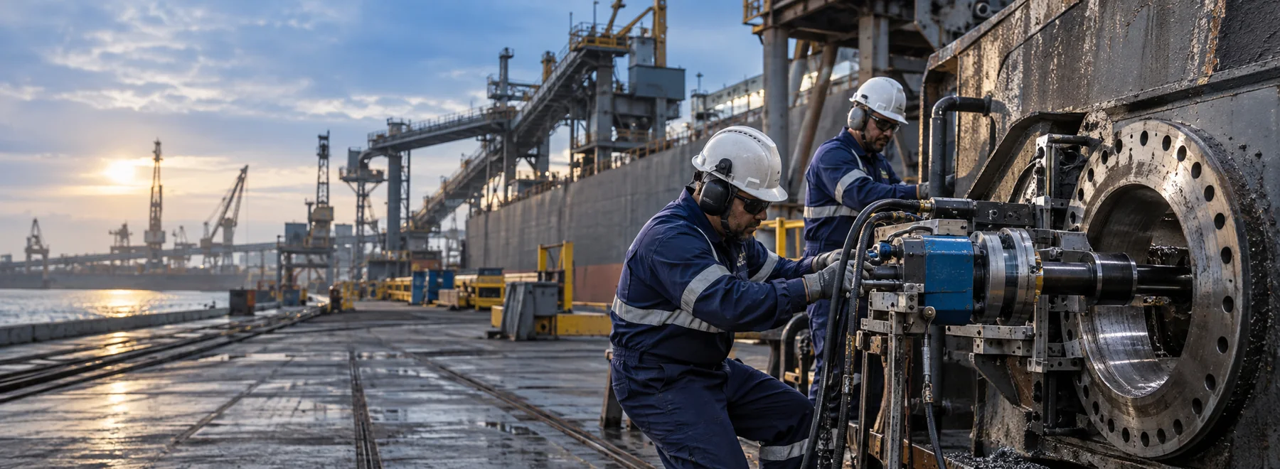 Técnicos realizando usinagem de campo em componente industrial de grande porte