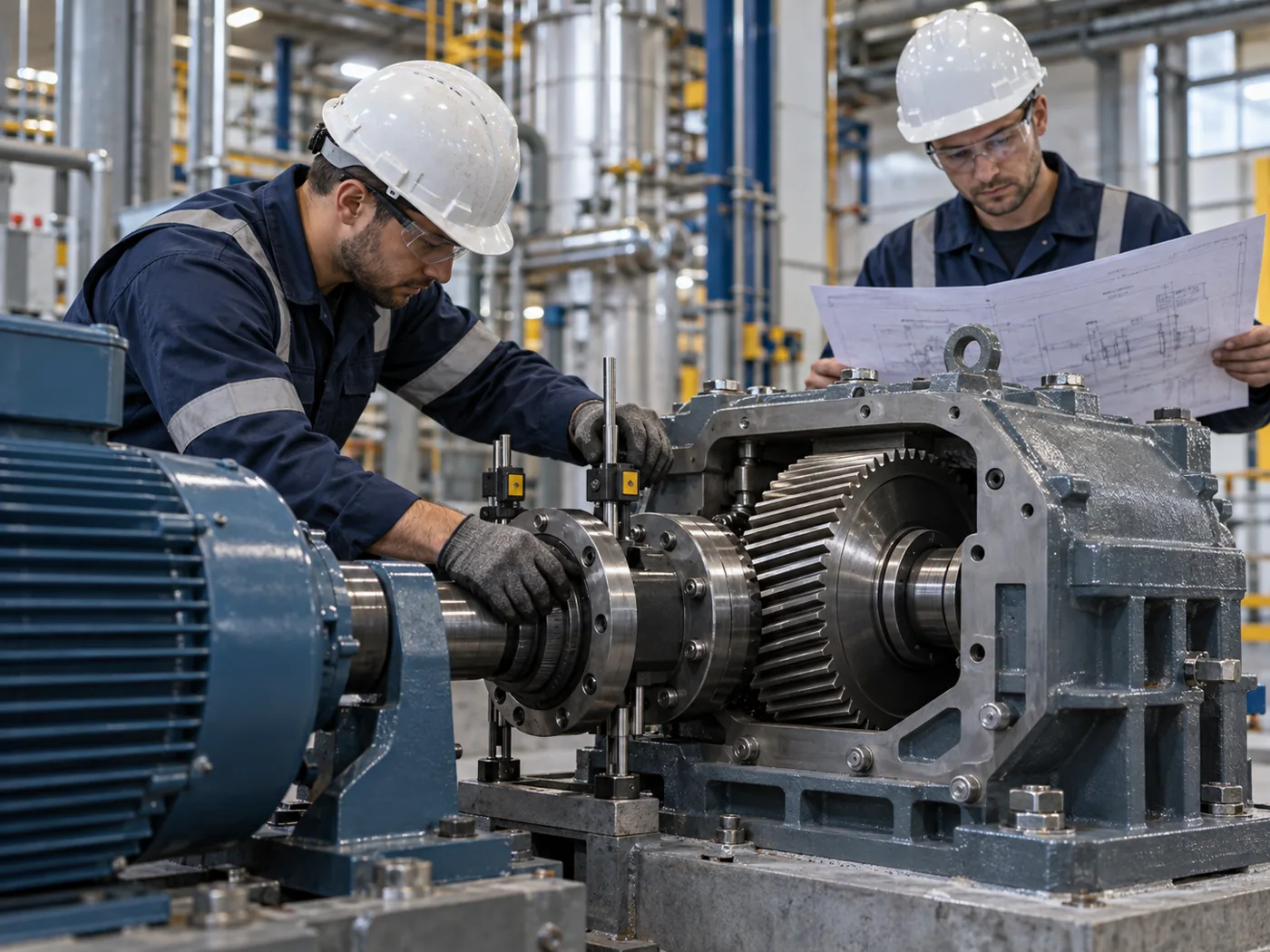 Equipe realizando manutenção em redutor industrial