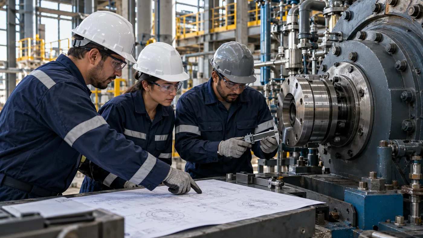 Equipe técnica revisando desenho e medições